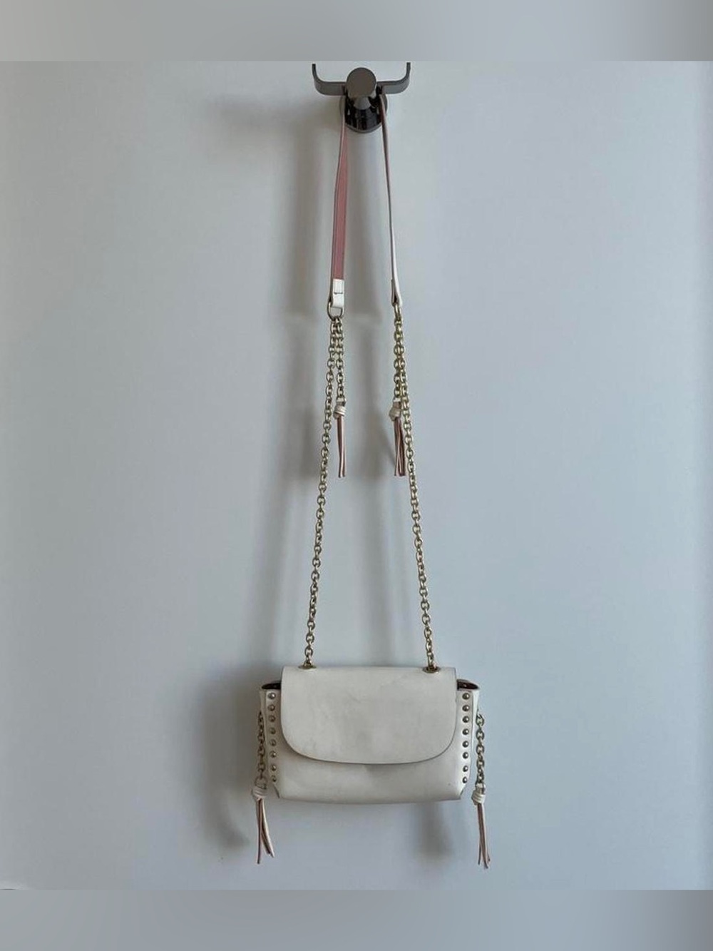 Zara White Stud-Trim Crossbody Bag with Chain Strap